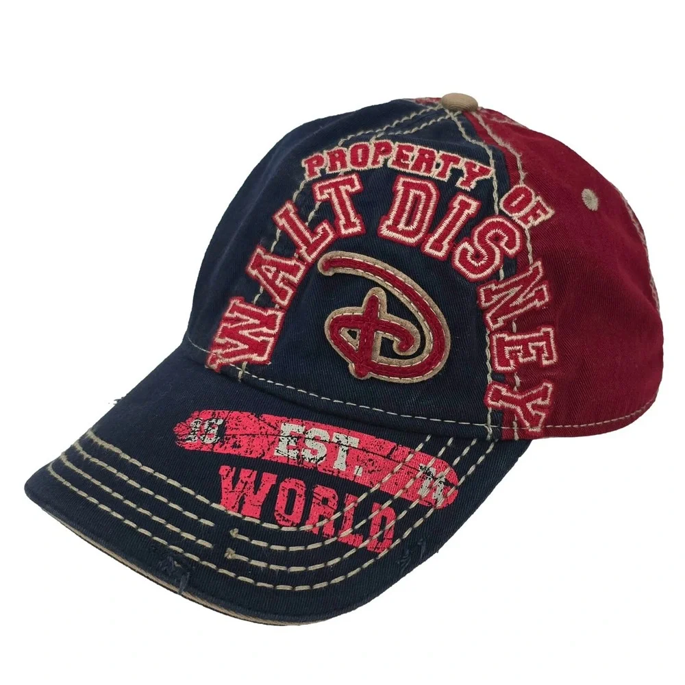Disney Parks Mens Walt Disney World Distressed Baseball Cap Navy‎ Red Adjustable